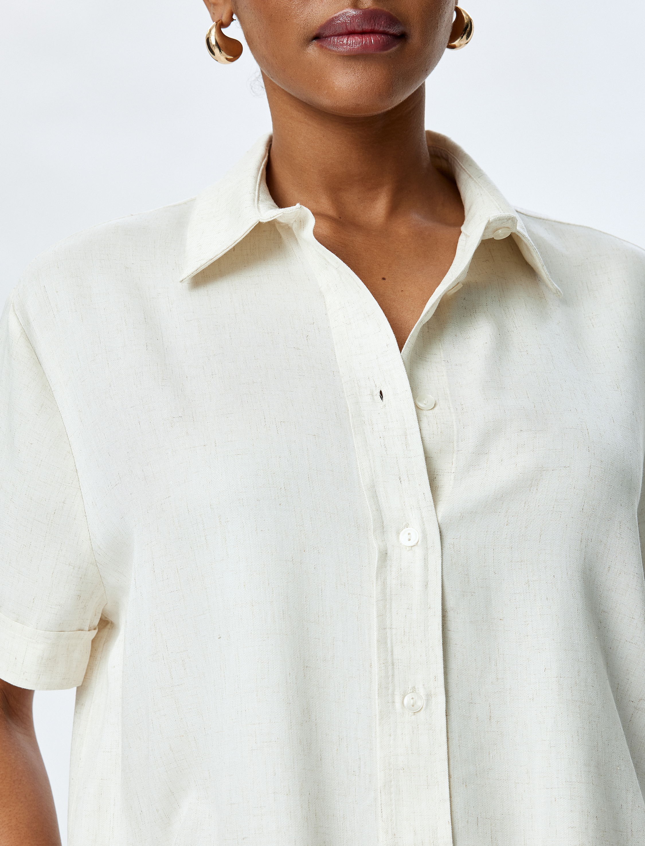 Viskon Keten Karışımlı Kısa Kollu Crop Gömlek