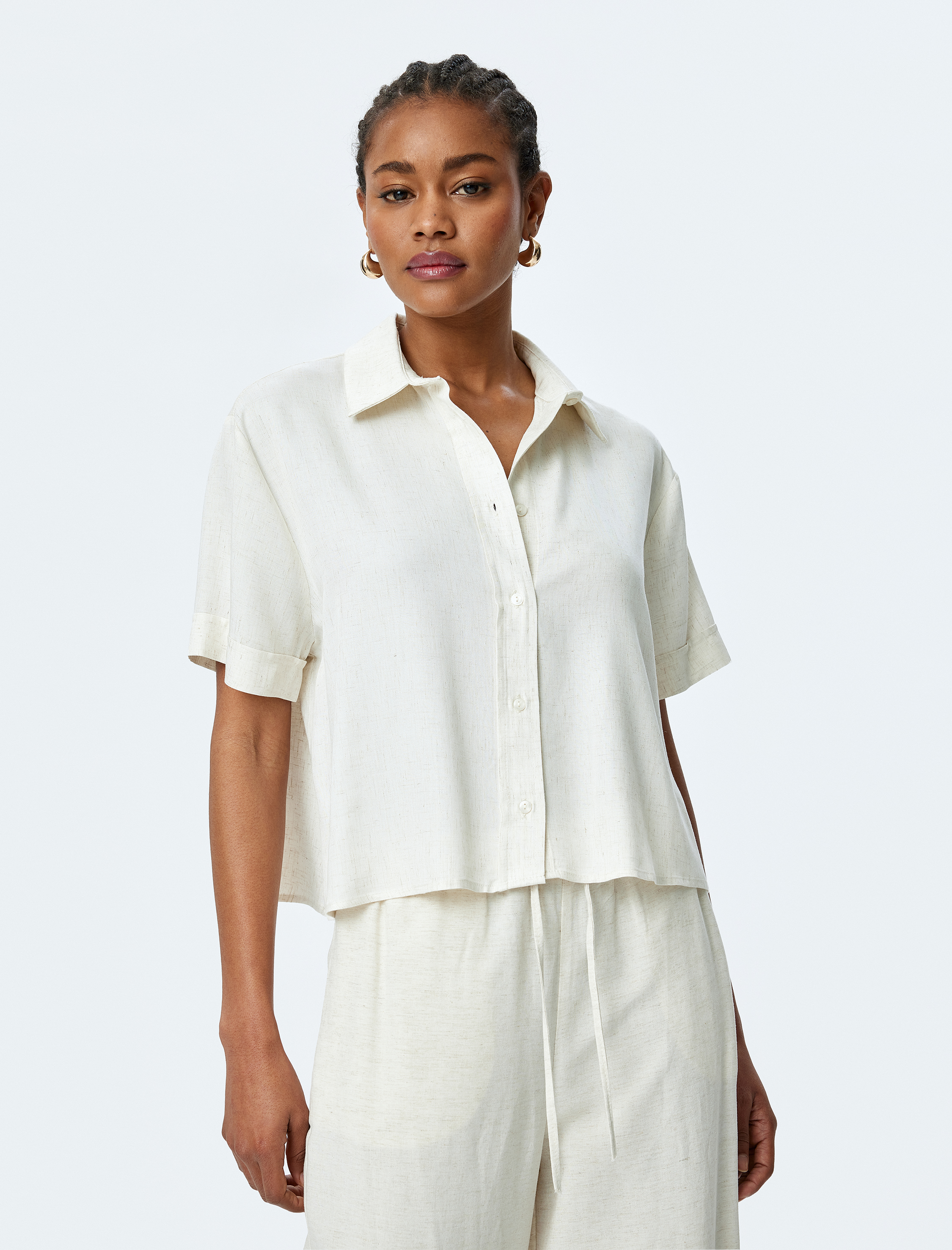 Viskon Keten Karışımlı Kısa Kollu Crop Gömlek