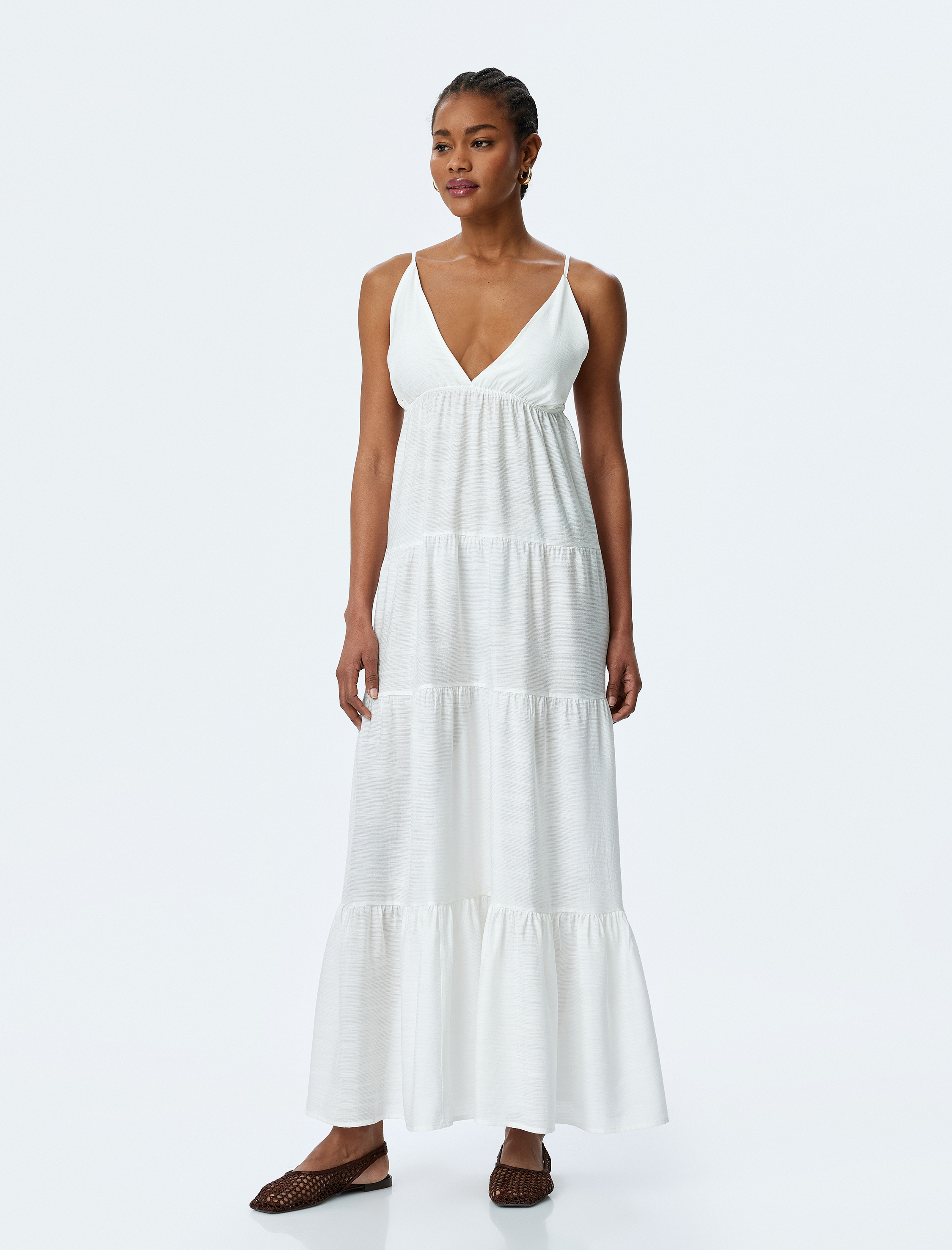 İnce Askılı Katmanlı Uzun Viskon Plaj Elbisesi