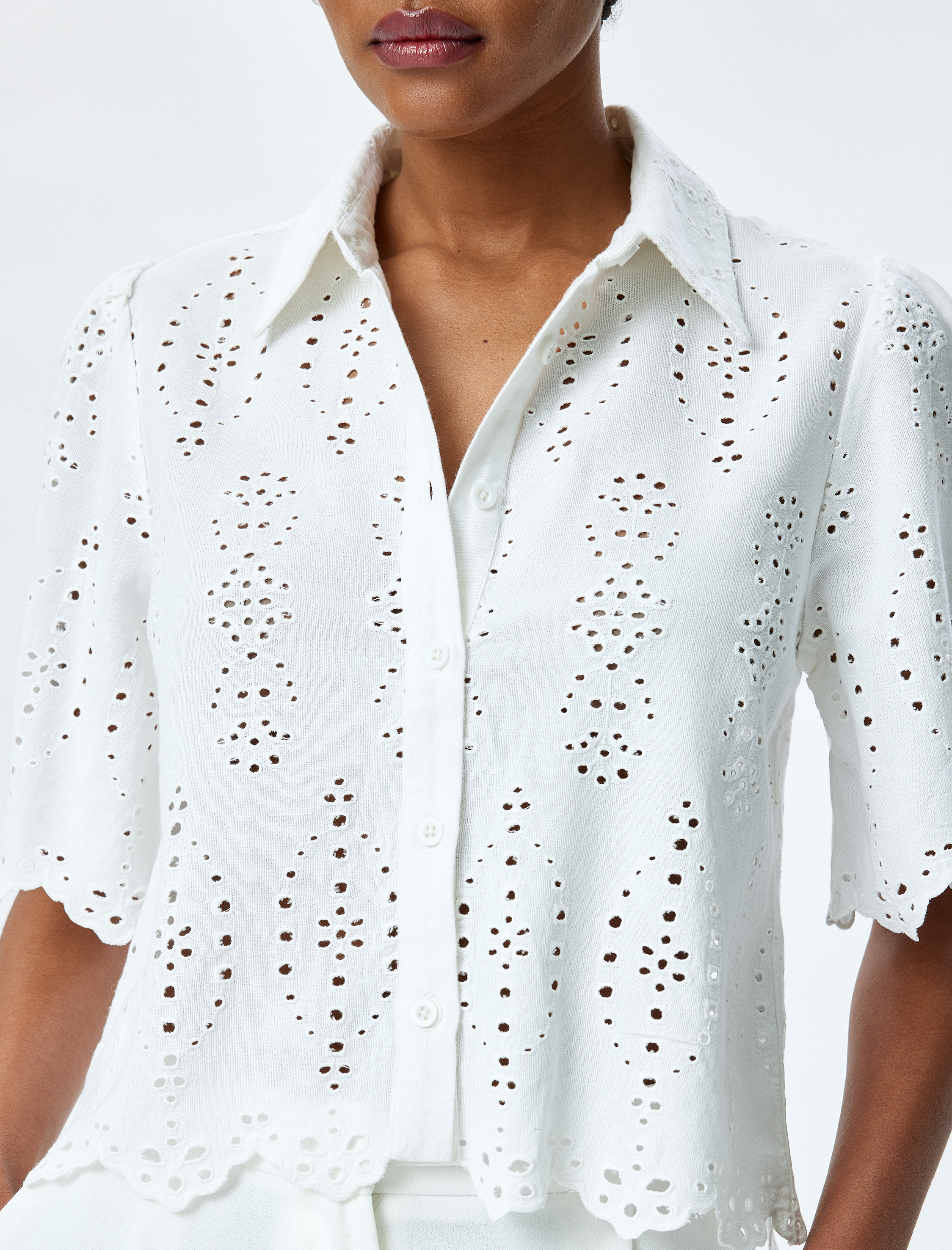 Viskon Pamuk Kumaş Kısa Kollu Crop Fistolu Gömlek