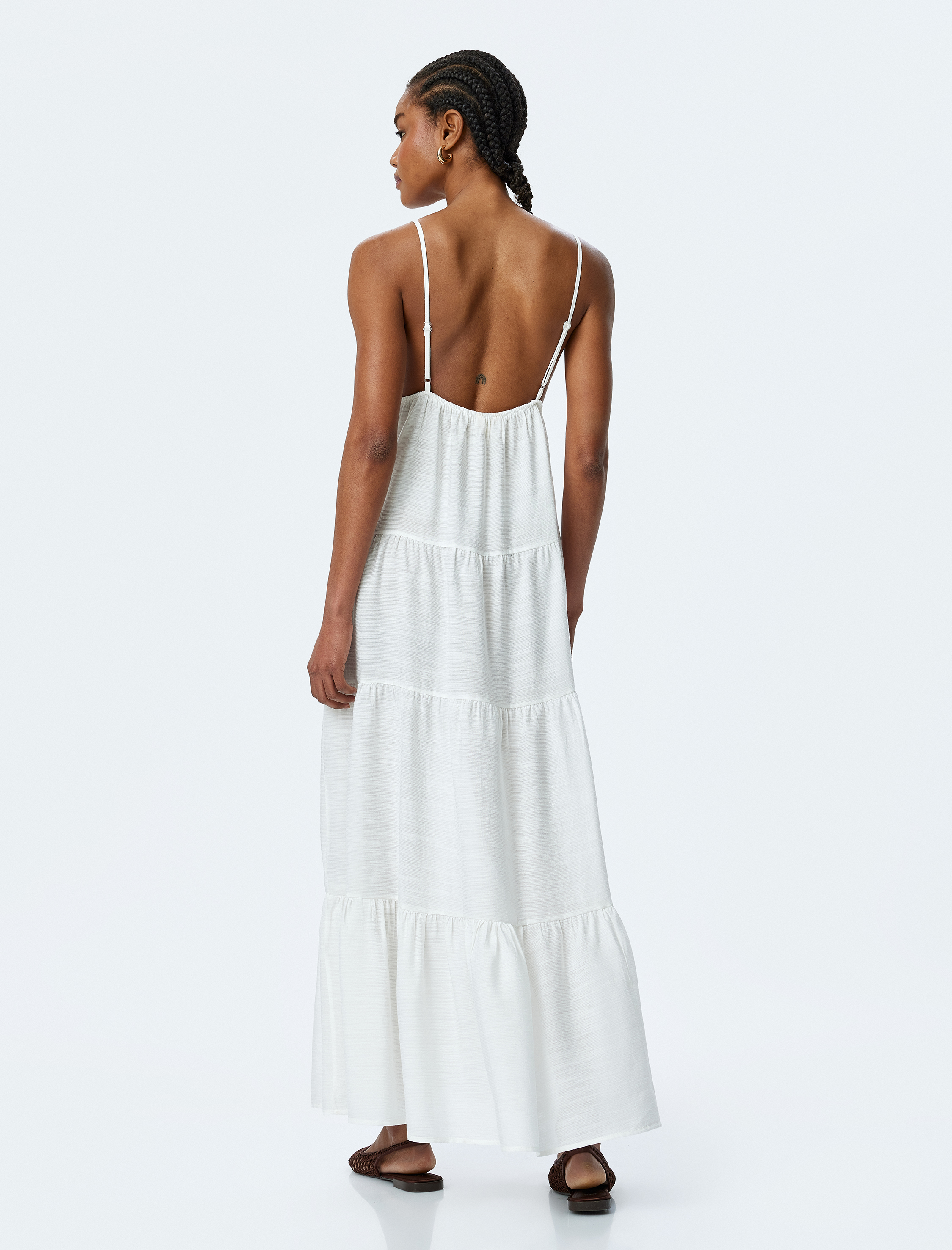 İnce Askılı Katmanlı Uzun Viskon Plaj Elbisesi