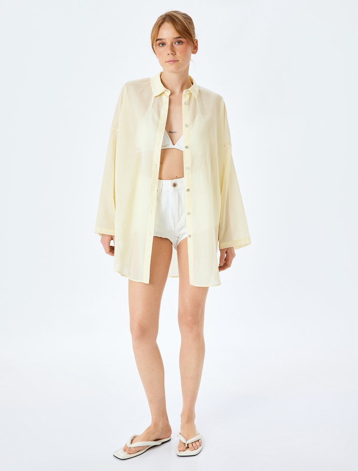  Pamuklu Düğmeli Uzun Kollu Gömlek Yaka Plaj Elbisesi