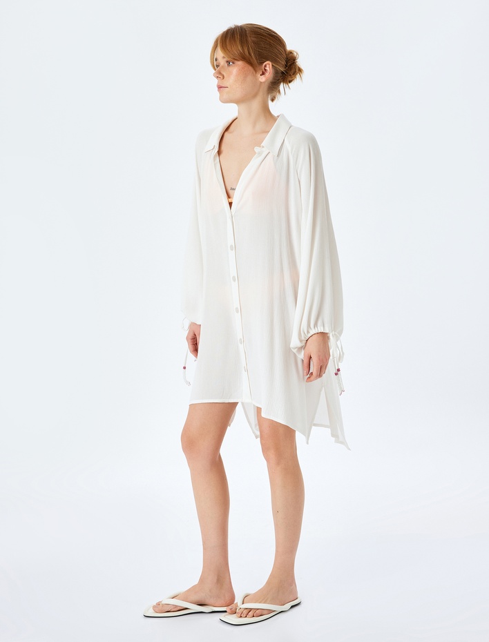  Düğmeli Uzun Kollu Arkası Baskı Detaylı Viskon Plaj Elbisesi