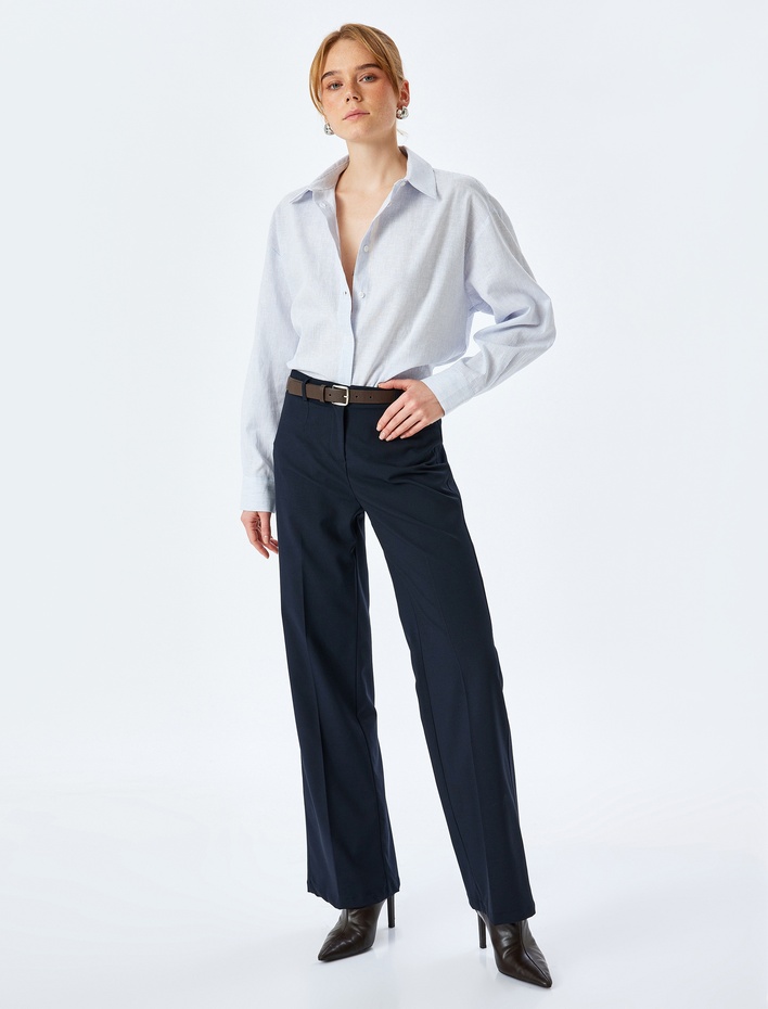  Klasik Yaka Uzun Kollu Düğmeli Oversize Keten Gömlek