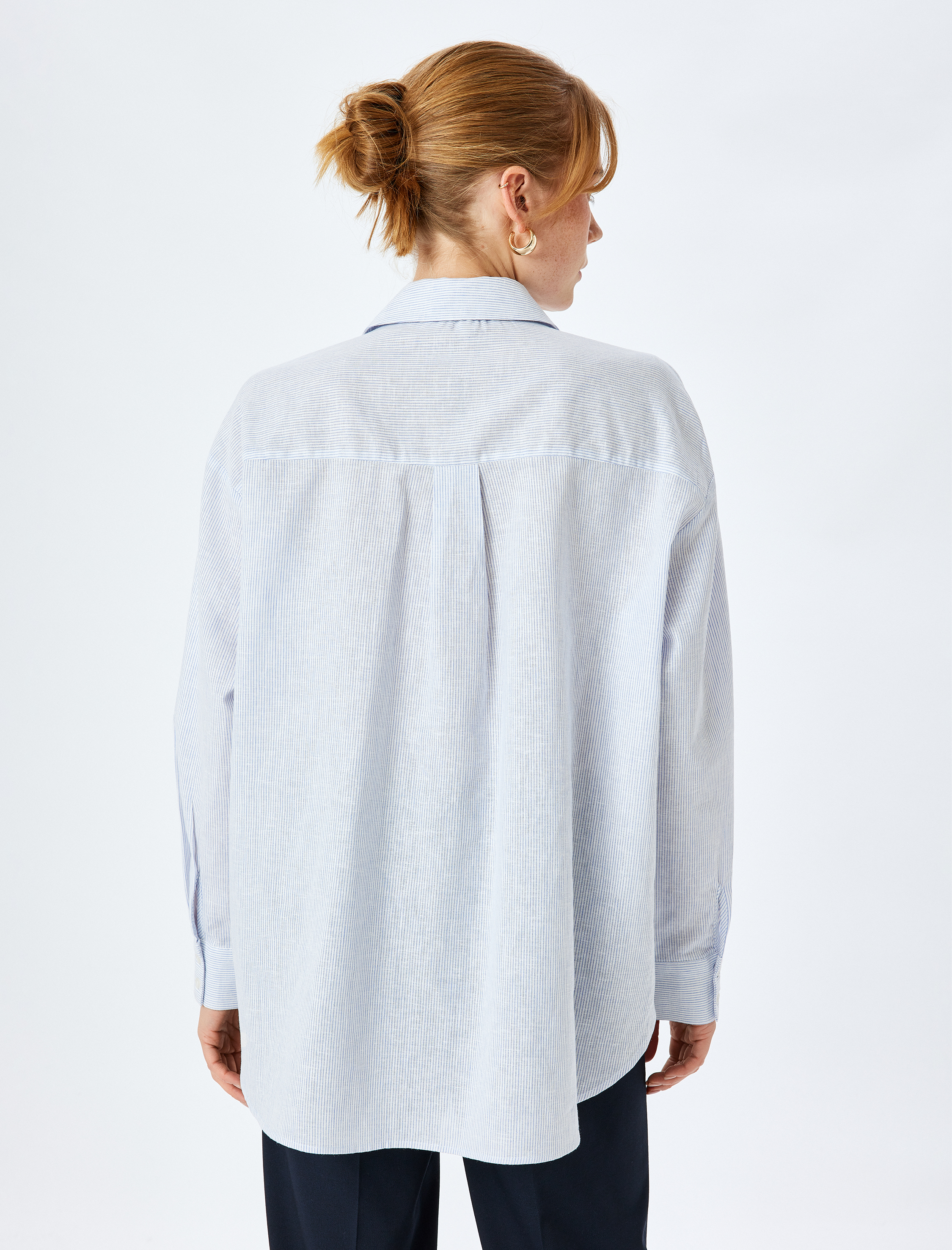   Klasik Yaka Uzun Kollu Düğmeli Oversize Keten Gömlek