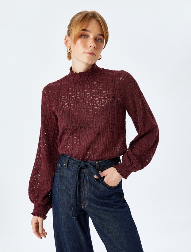 Yumuşak Dokulu Dik Yaka Transparan Floral Dantel Bluz_0