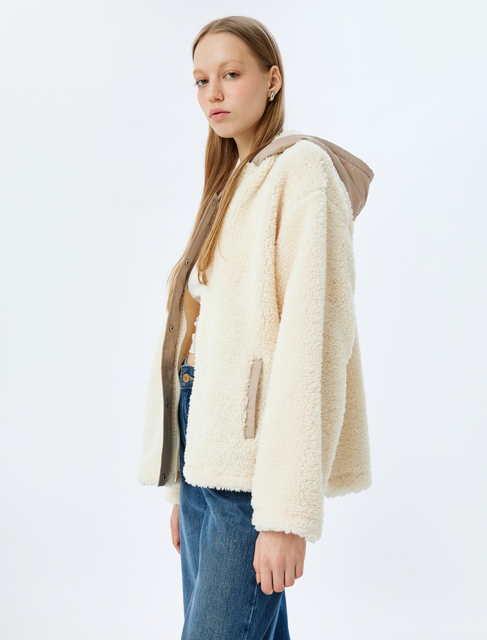  Kapüşonlu Oversize Fermuarlı Cep Detaylı Peluş Sweatshirt
