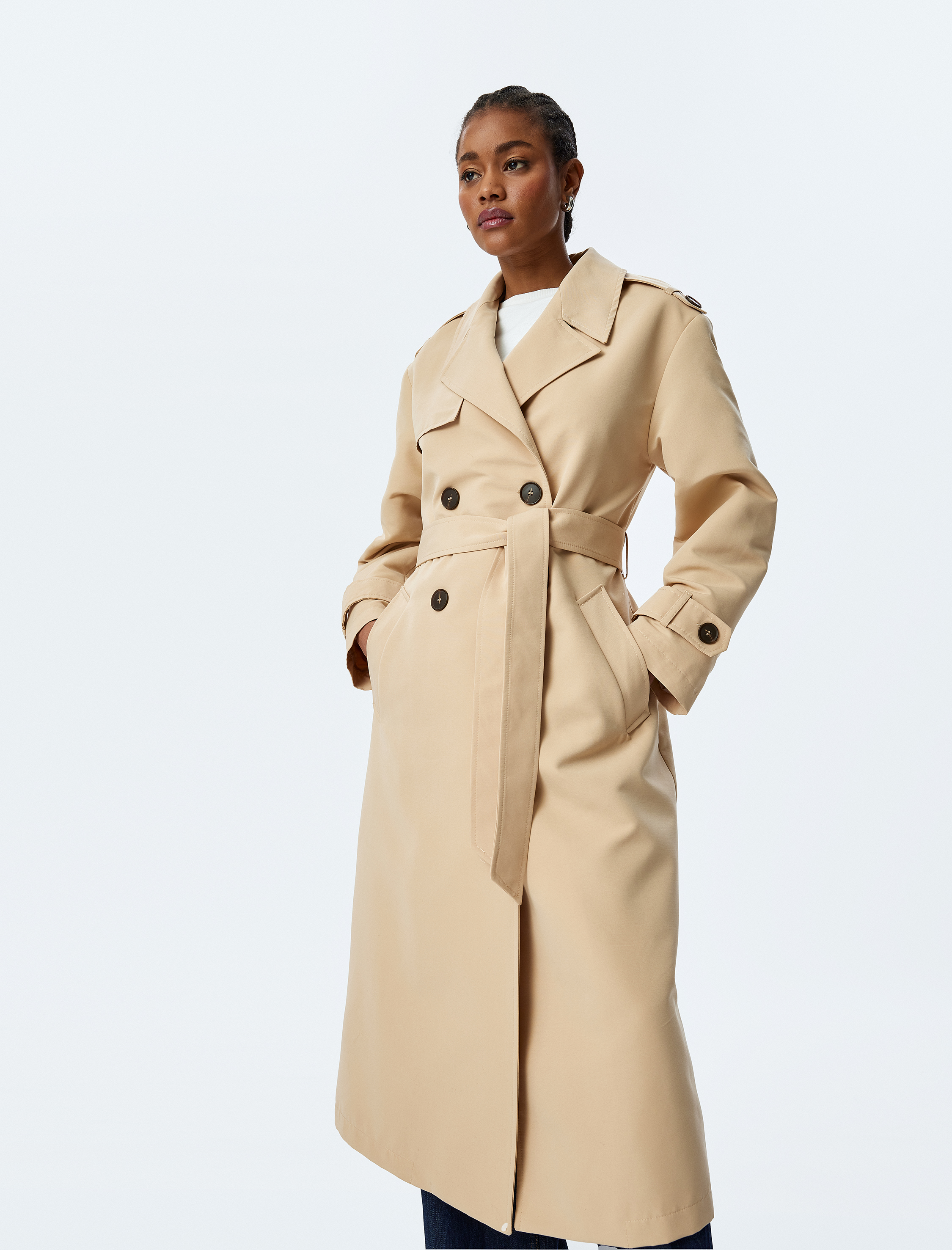   Astarlı Gabardin Kumaş Uzun Kollu Cepli Kruvaze Kemerli Uzun Trençkot