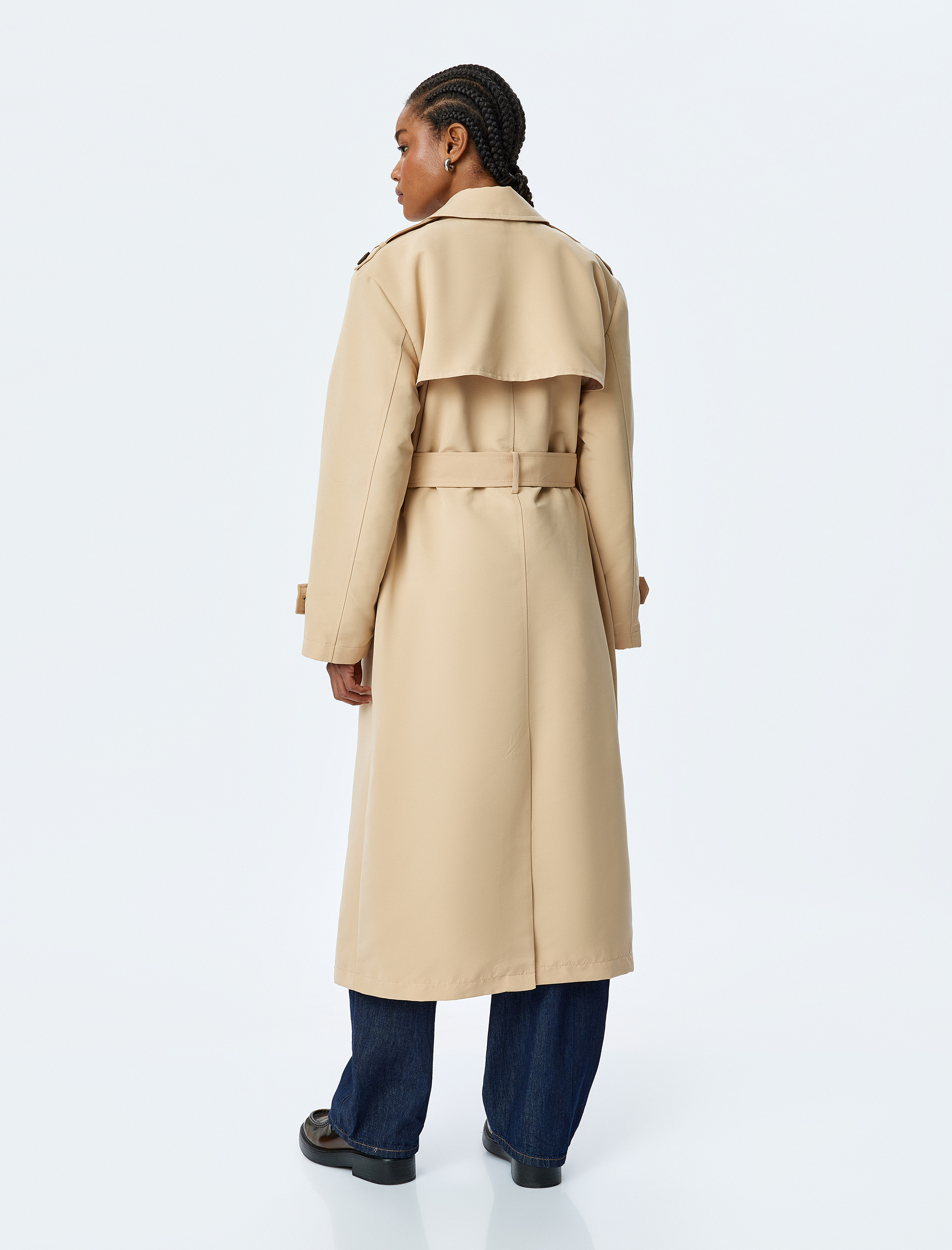   Astarlı Gabardin Kumaş Uzun Kollu Cepli Kruvaze Kemerli Uzun Trençkot