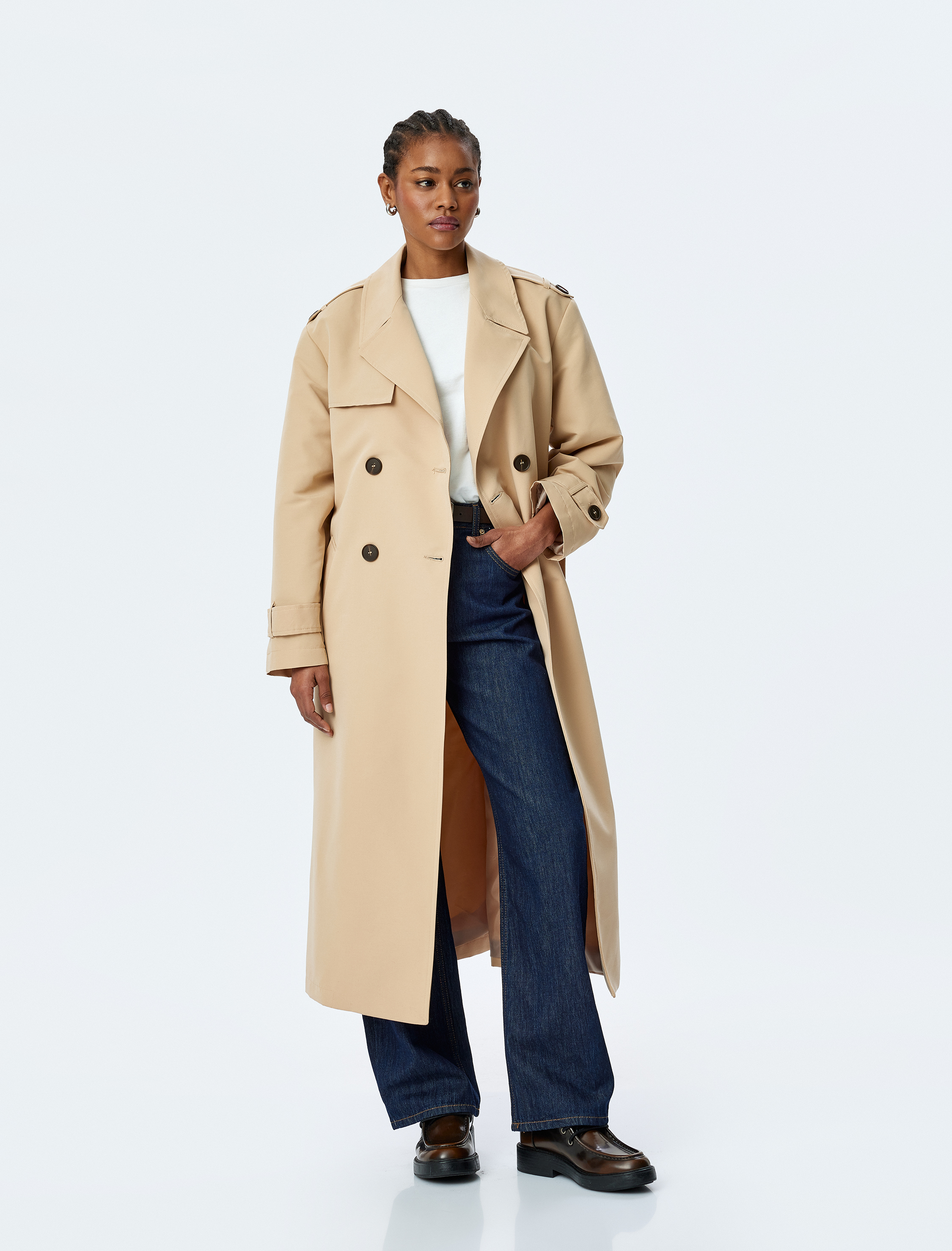   Astarlı Gabardin Kumaş Uzun Kollu Cepli Kruvaze Kemerli Uzun Trençkot