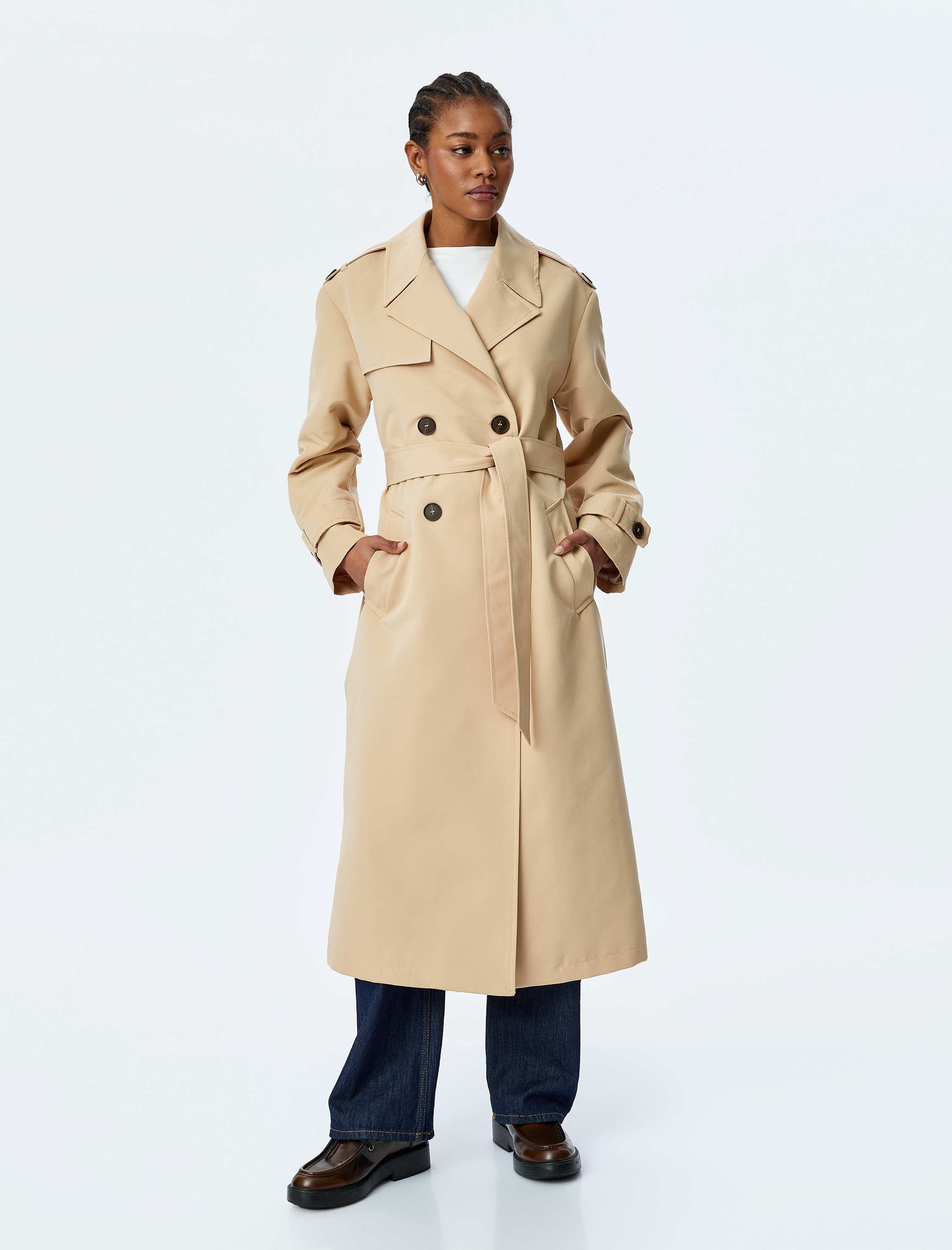   Astarlı Gabardin Kumaş Uzun Kollu Cepli Kruvaze Kemerli Uzun Trençkot