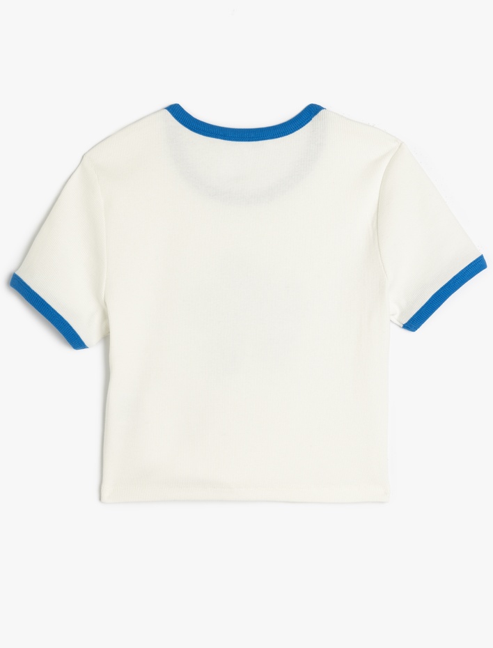  Çiçek Baskılı Bisiklet Yaka Biyeli Kısa Kollu Tişört