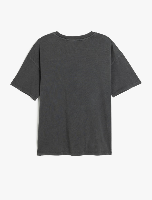 Slogan Baskılı Kısa Kollu Bisiklet Yaka Yıkamalı Oversize Tişört_1