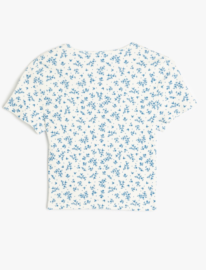  V Yaka Düğmeli Çiçek Desenli Slim Fit Crop Tişört