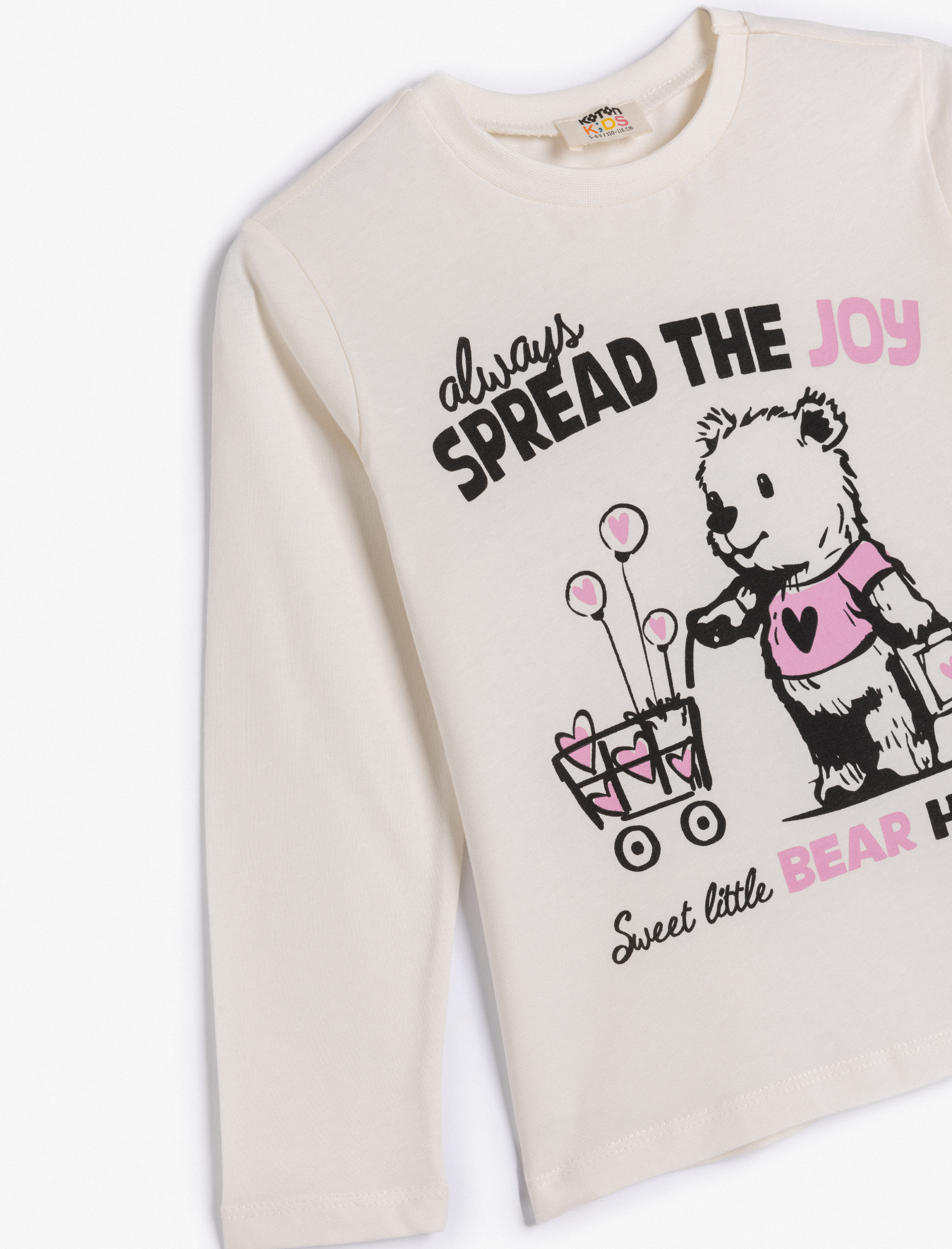  Kız Çocuk Pamuklu Bisiklet Yaka Uzun Kollu Ayıcık Baskılı Tişört