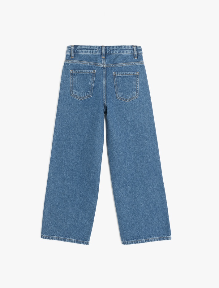 Kız Çocuk Fiyonk Desenli Cepli Pamuklu Bol Paça Denim Pantolon