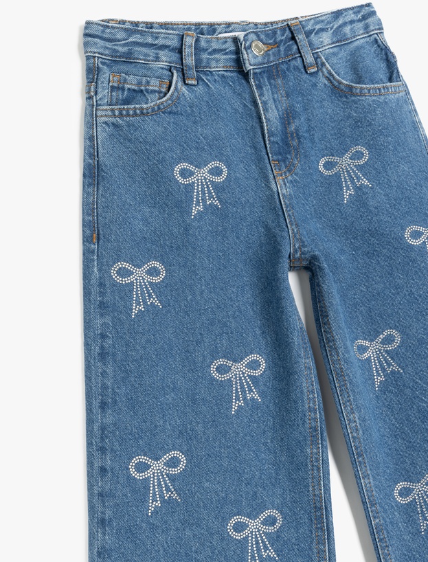 Fiyonk Desenli Cepli Pamuklu Bol Paça Denim Pantolon_2
