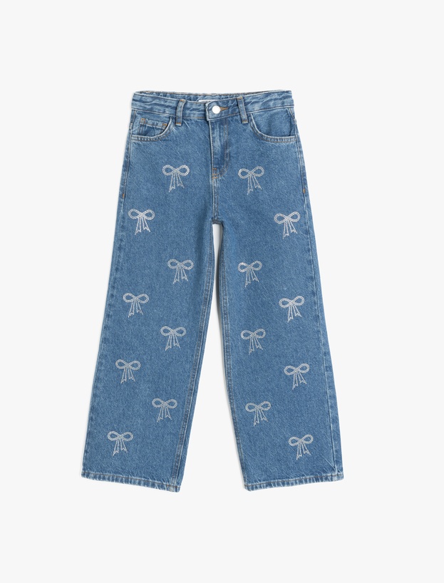 Fiyonk Desenli Cepli Pamuklu Bol Paça Denim Pantolon_0