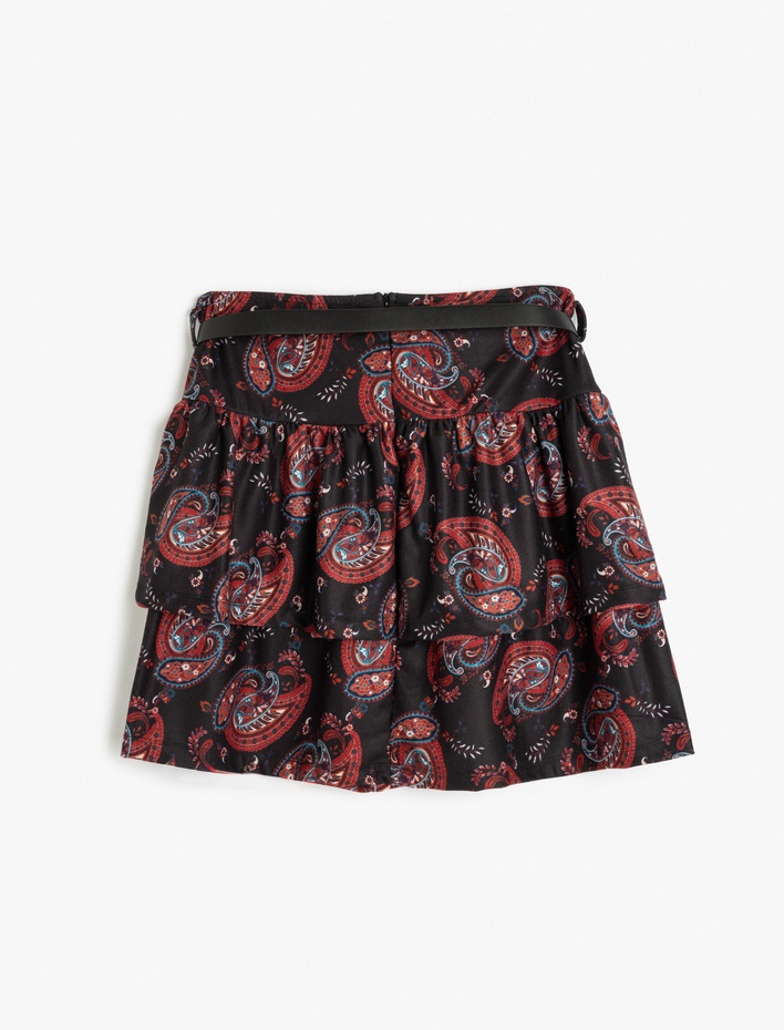  Etnik Desenli Kemerli Katlı Volanlı Kloş Mini Etek