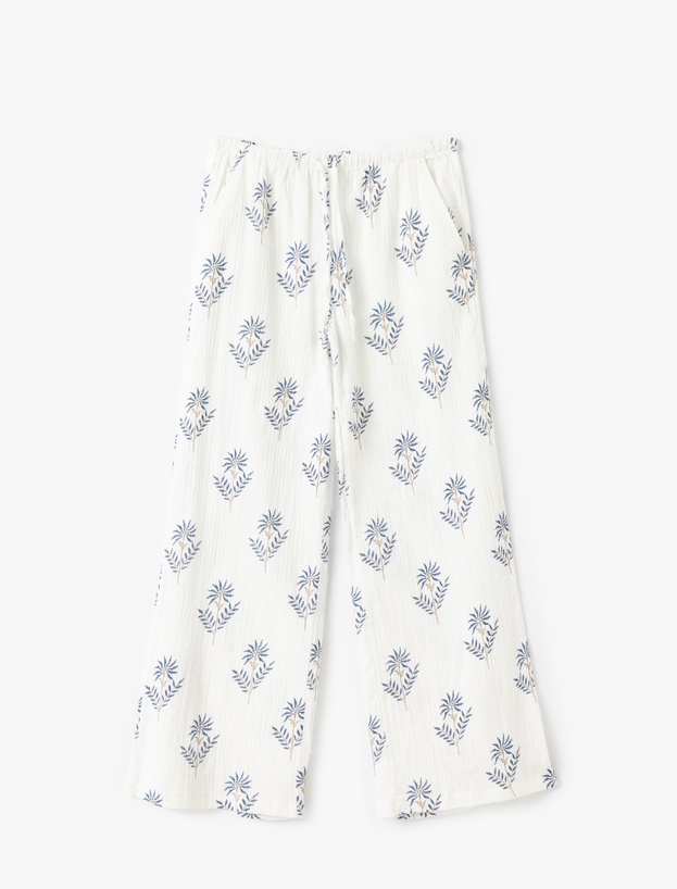Beli Bağcıklı Çiçekli Düz Paça Pantolon_2