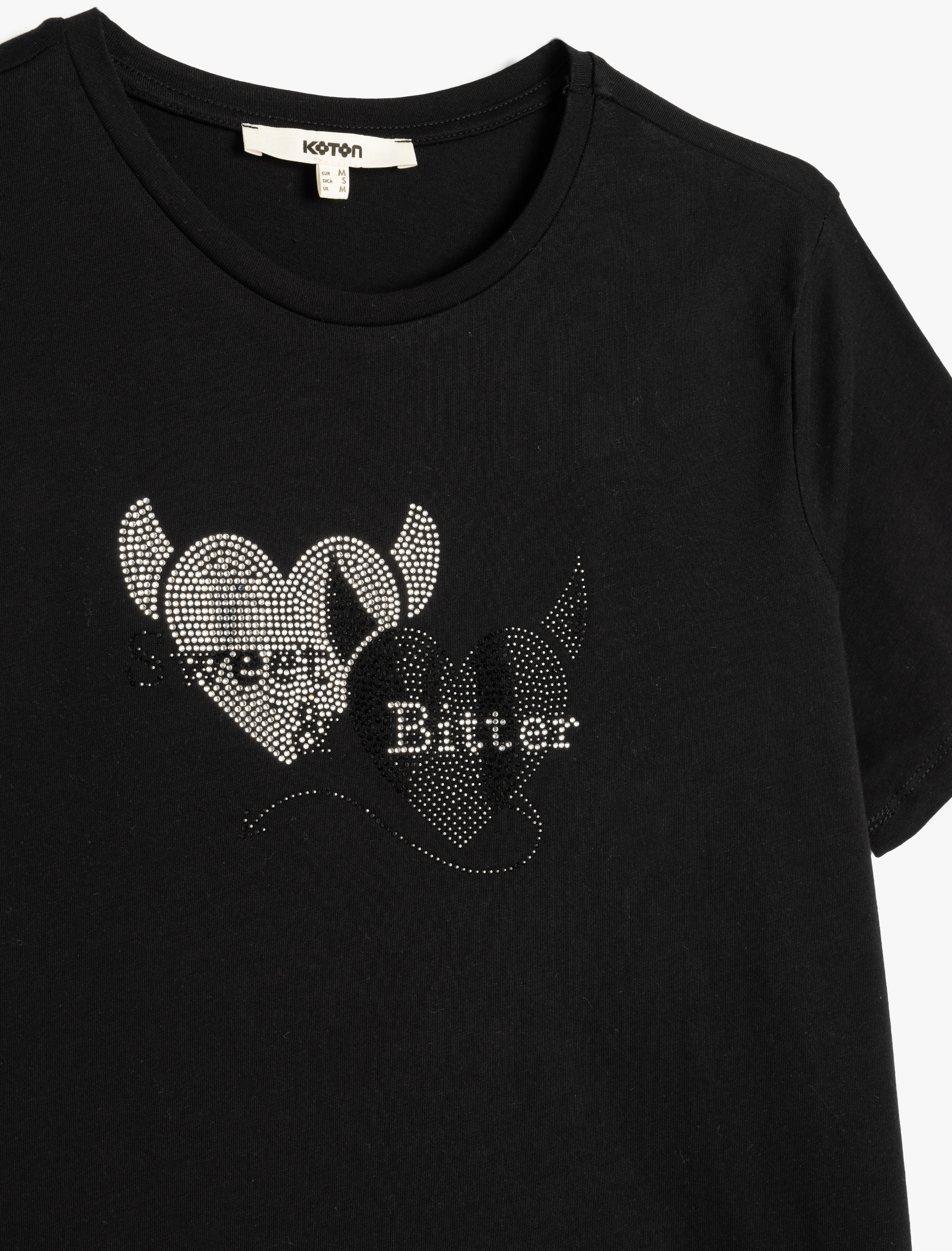   Pamuklu Bisiklet Yaka Kısa Kollu Kalp Detaylı Taşlı Tişört