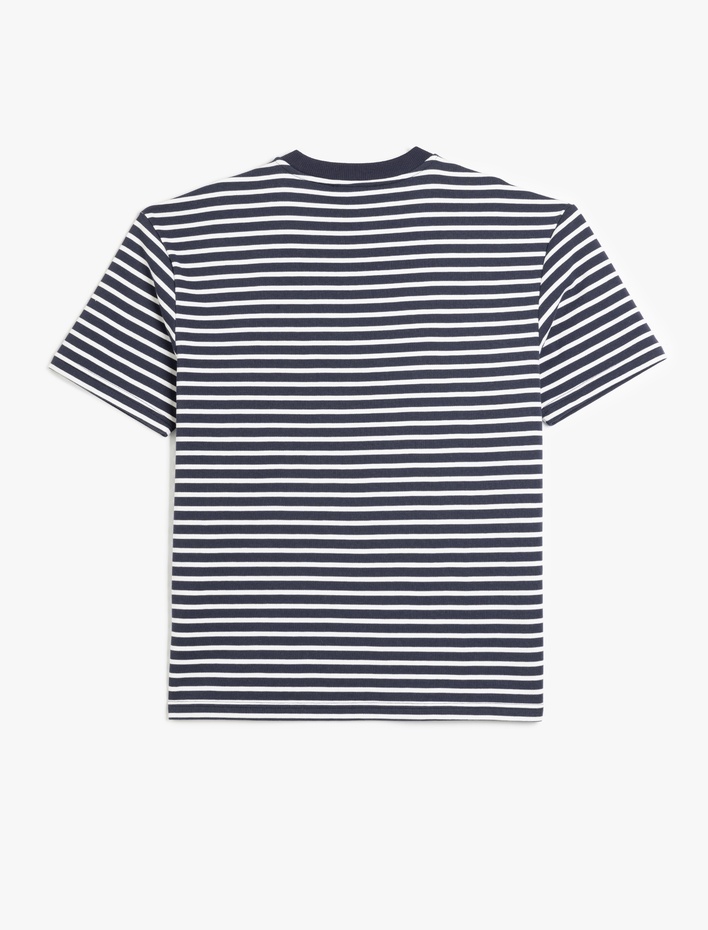  Kısa Kollu Basic Pamuklu Tok Kumaş Bisiklet Yaka Oversize Çizgili Tişört