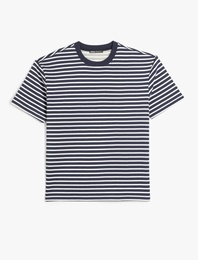 Kısa Kollu Basic Pamuklu Tok Kumaş Bisiklet Yaka Oversize Çizgili Tişört