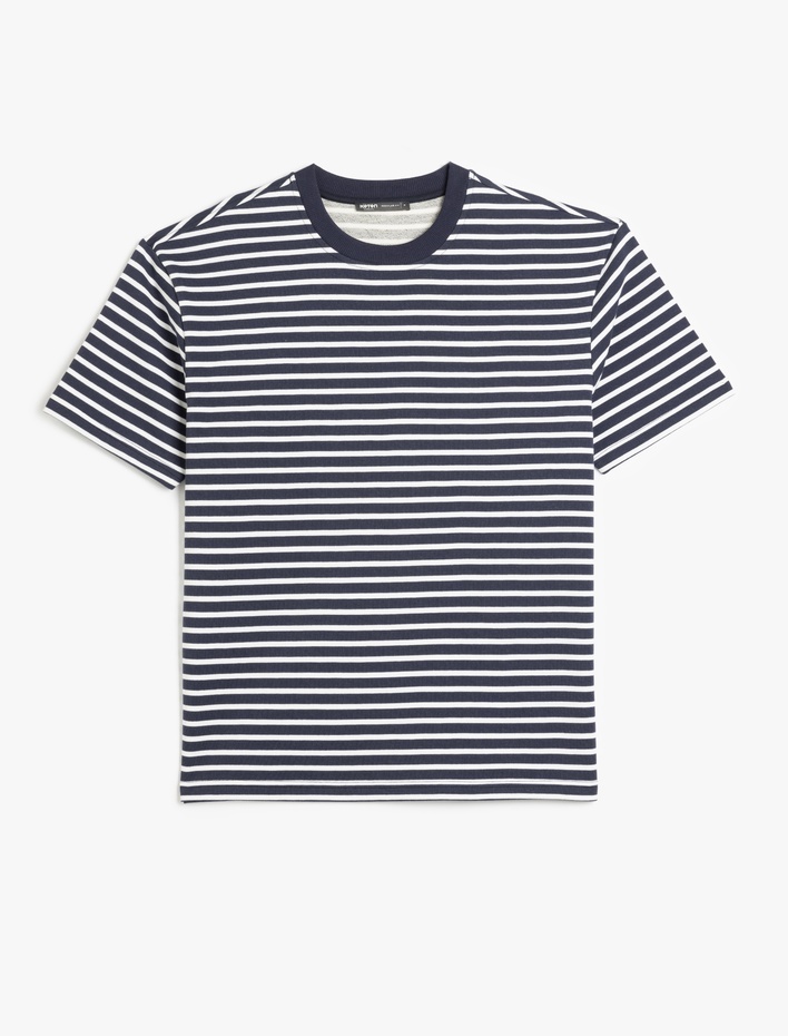  Kısa Kollu Basic Pamuklu Tok Kumaş Bisiklet Yaka Oversize Çizgili Tişört