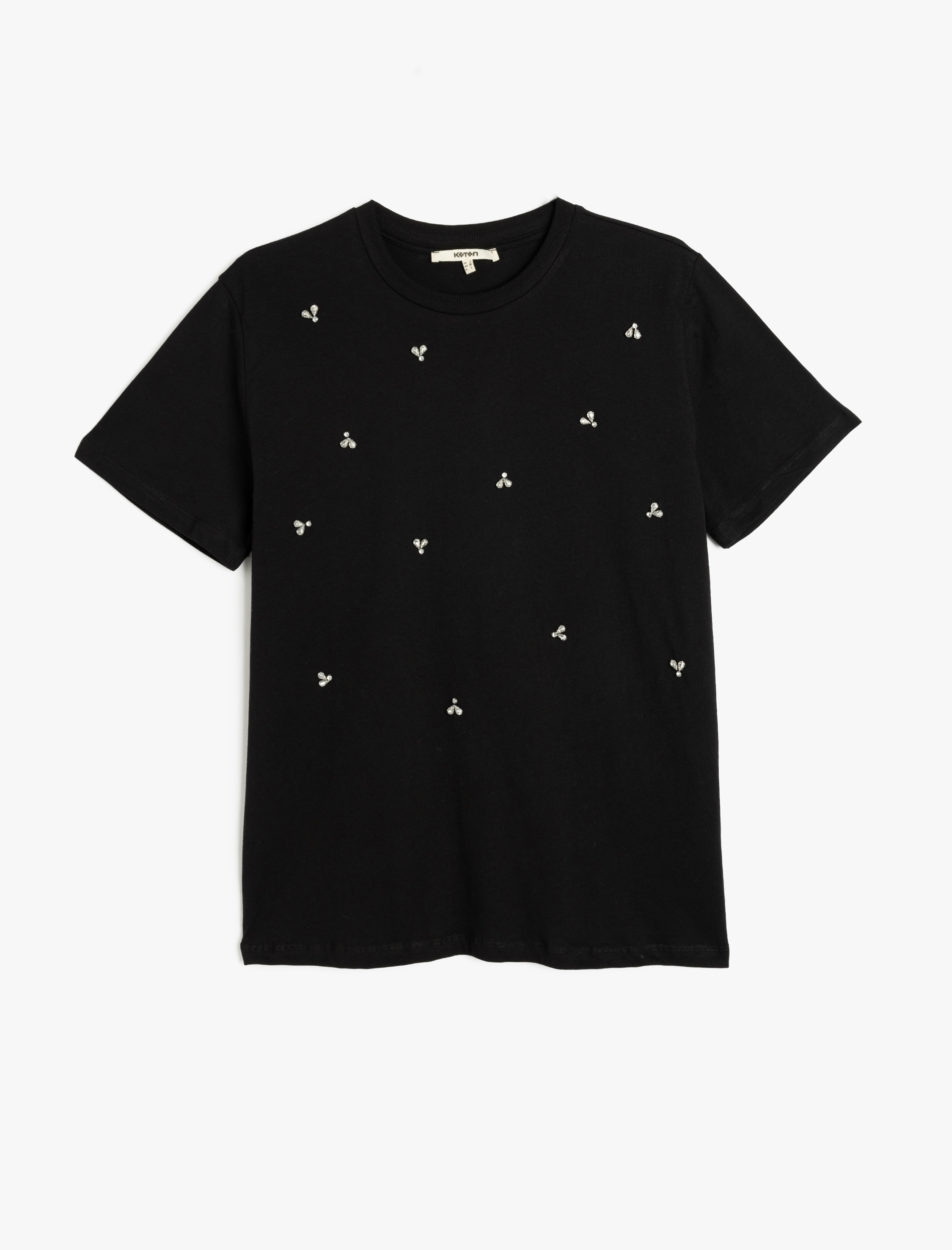   Pamuklu Kısa Kollu Bisiklet Yaka Taşlı Tişört