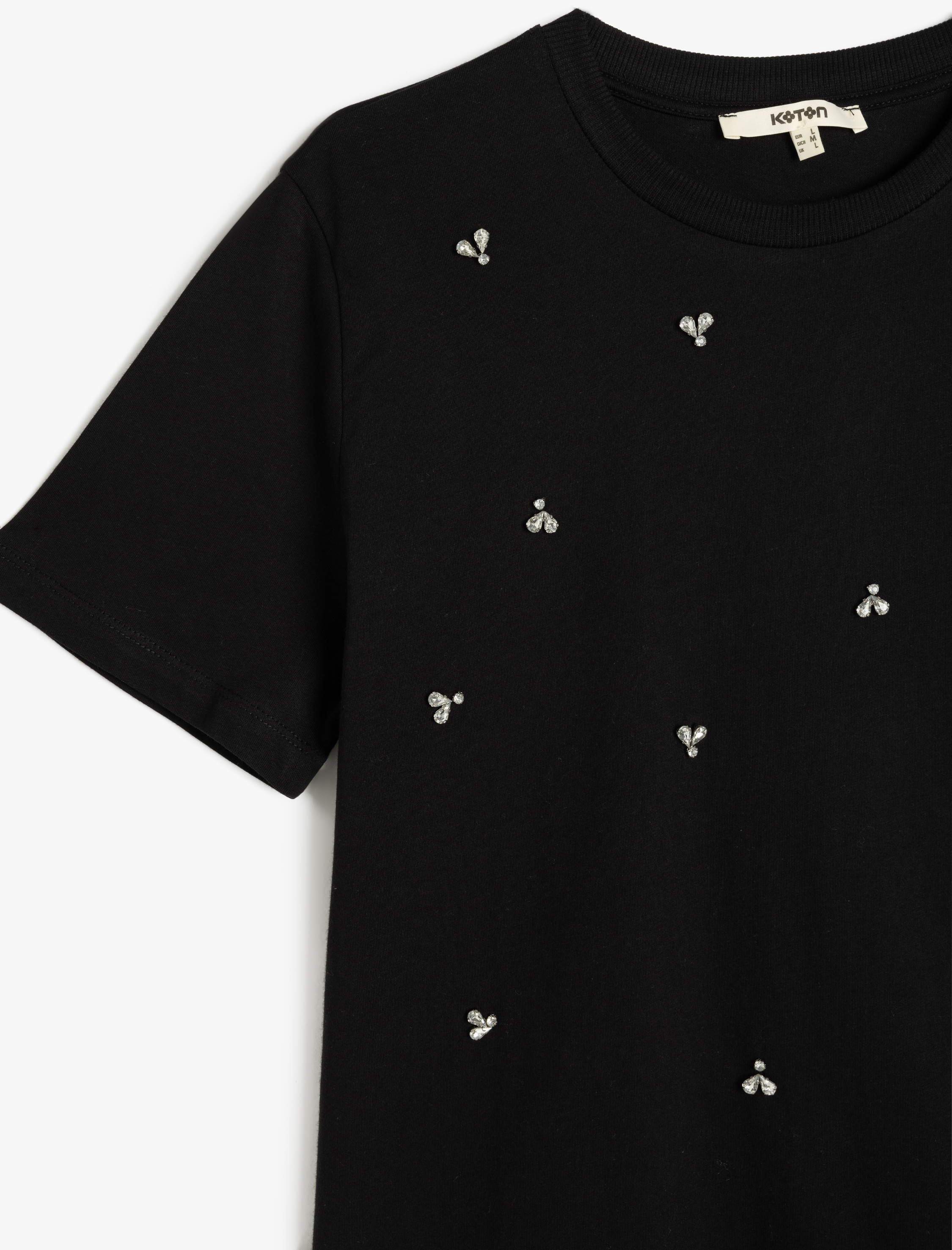   Pamuklu Kısa Kollu Bisiklet Yaka Taşlı Tişört