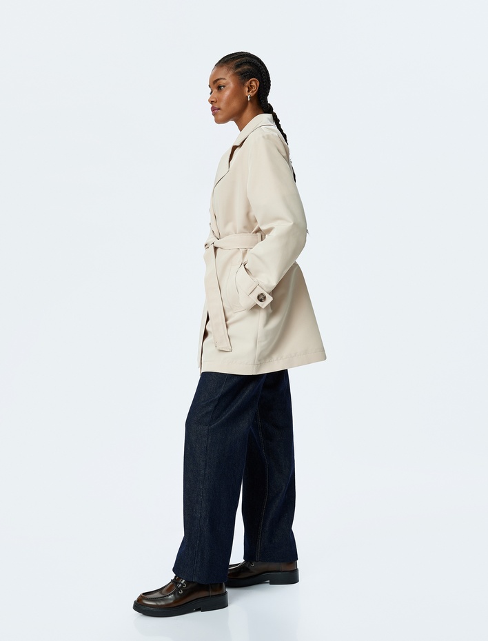  Gabardin Kumaş Kemerli Cepli Kruvaze Trençkot