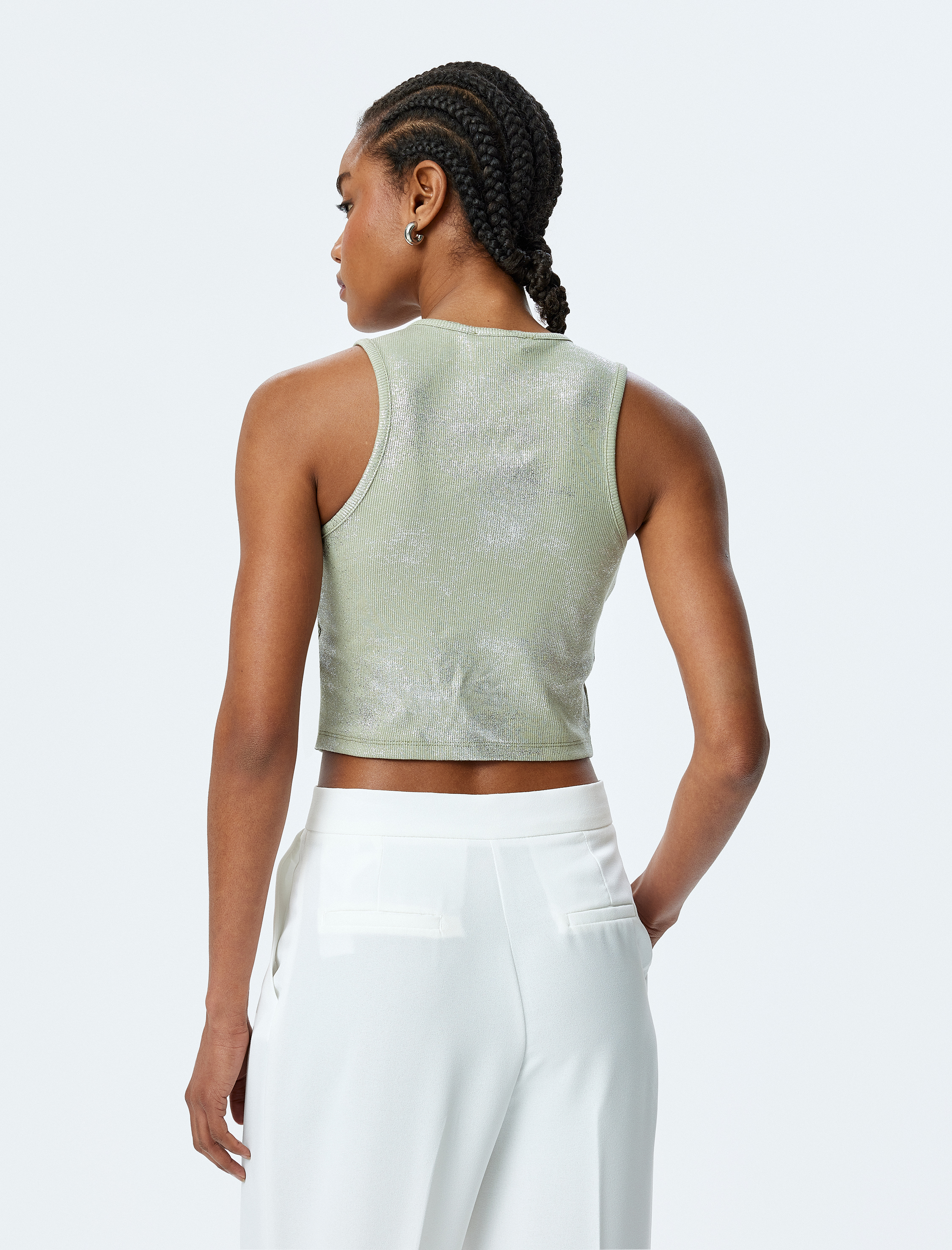   Bisiklet Yaka Pamuklu Simli Kolsuz Crop Top