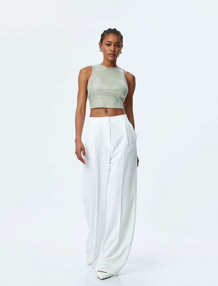  Bisiklet Yaka Pamuklu Simli Kolsuz Crop Top