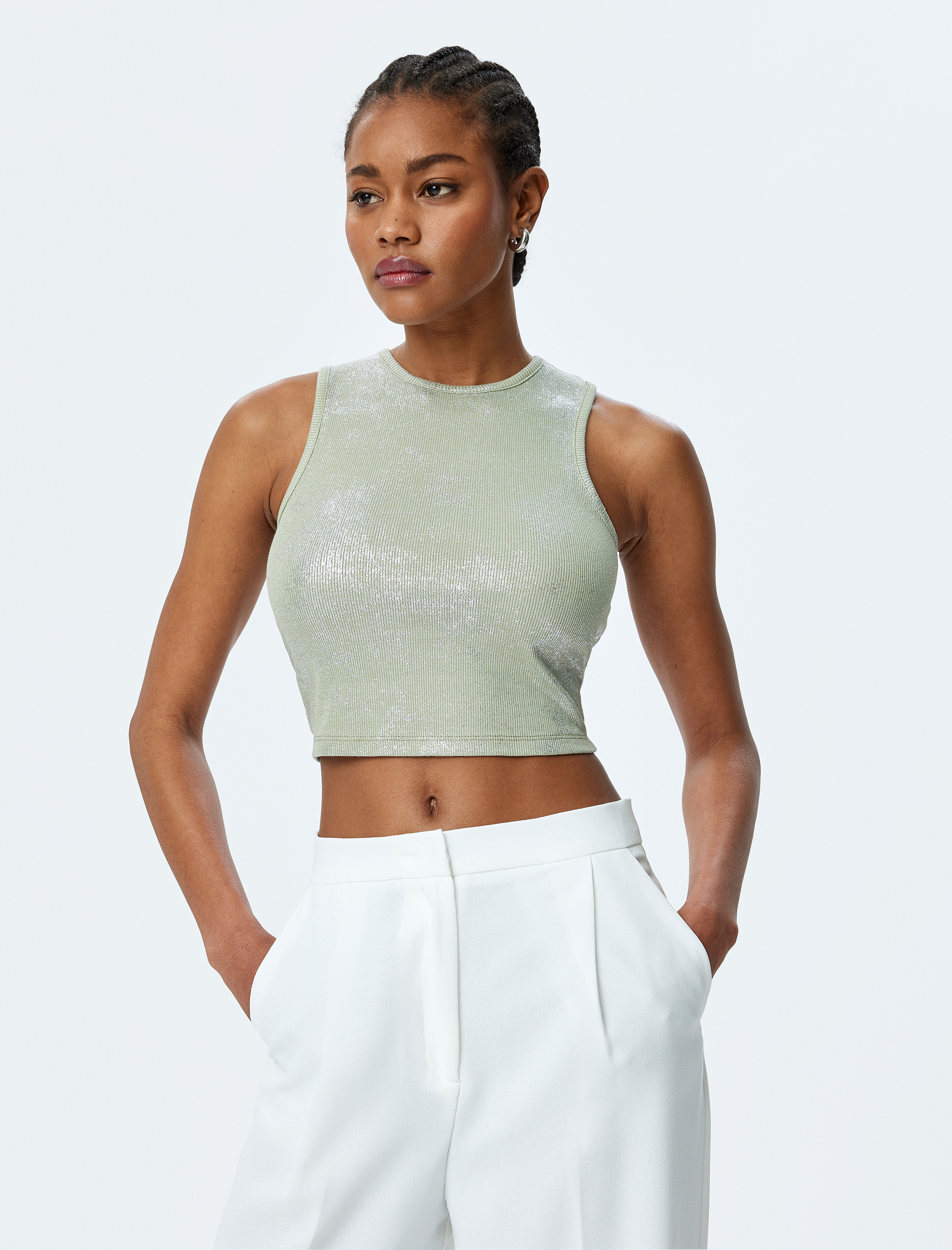   Bisiklet Yaka Pamuklu Simli Kolsuz Crop Top