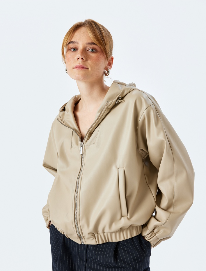  Uzun Kollu Fermuarlı Kapüşonlu Suni Deri Bomber Ceket