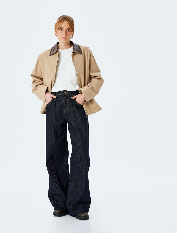  Pamuklu Gabardin Kumaş Suni Deri Yaka Uzun Kollu Fermuarlı Ceket