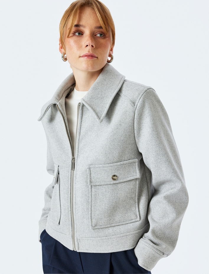  Uzun Kollu Fermuar Detaylı Crop Ceket