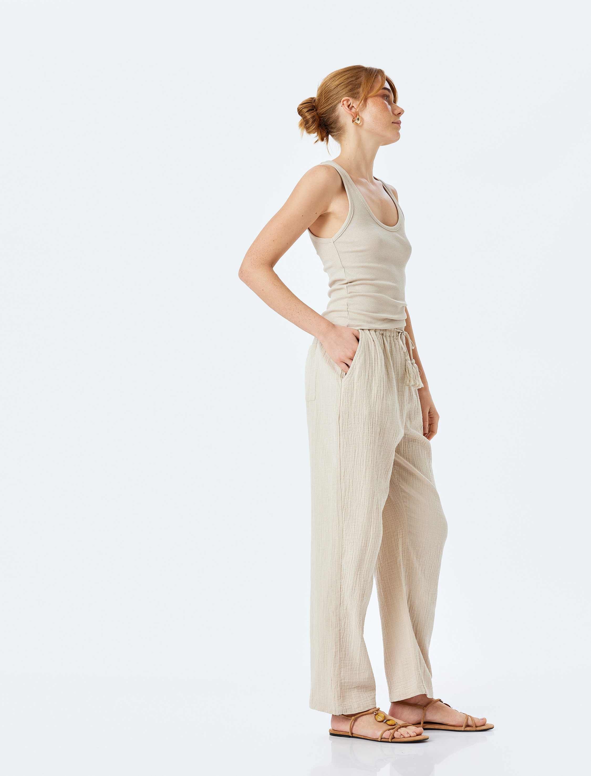   Pamuklu Rahat Kalıp Beli Bağcıklı Cepli Müslin Pantolon