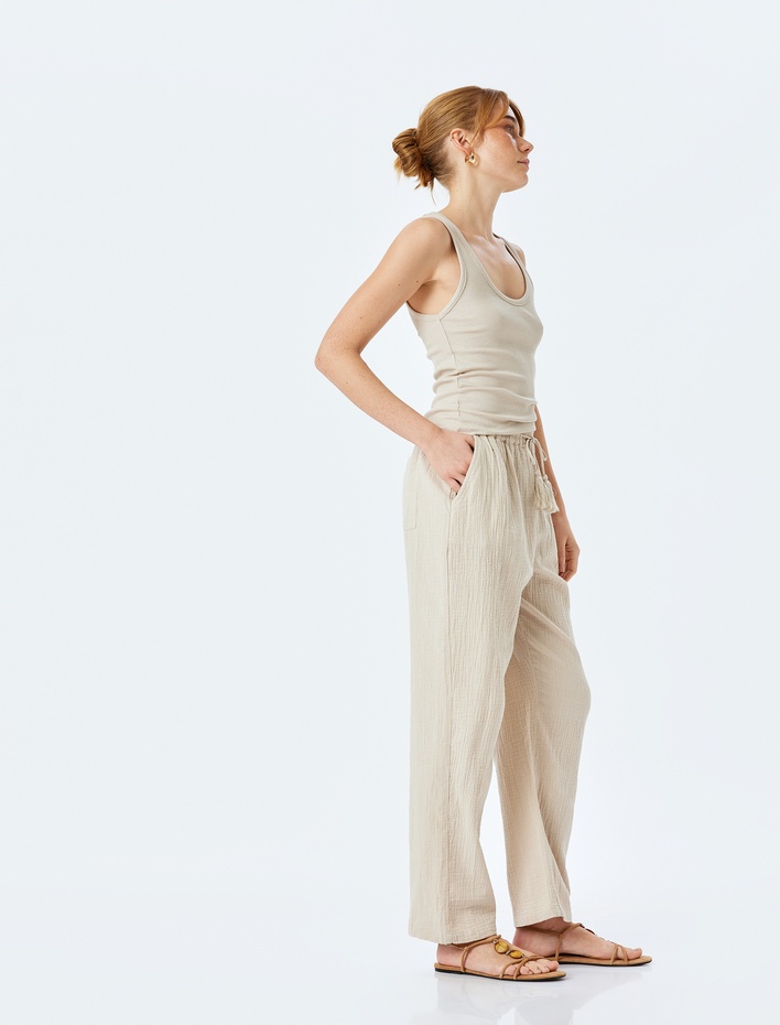  Pamuklu Rahat Kalıp Beli Bağcıklı Cepli Müslin Pantolon