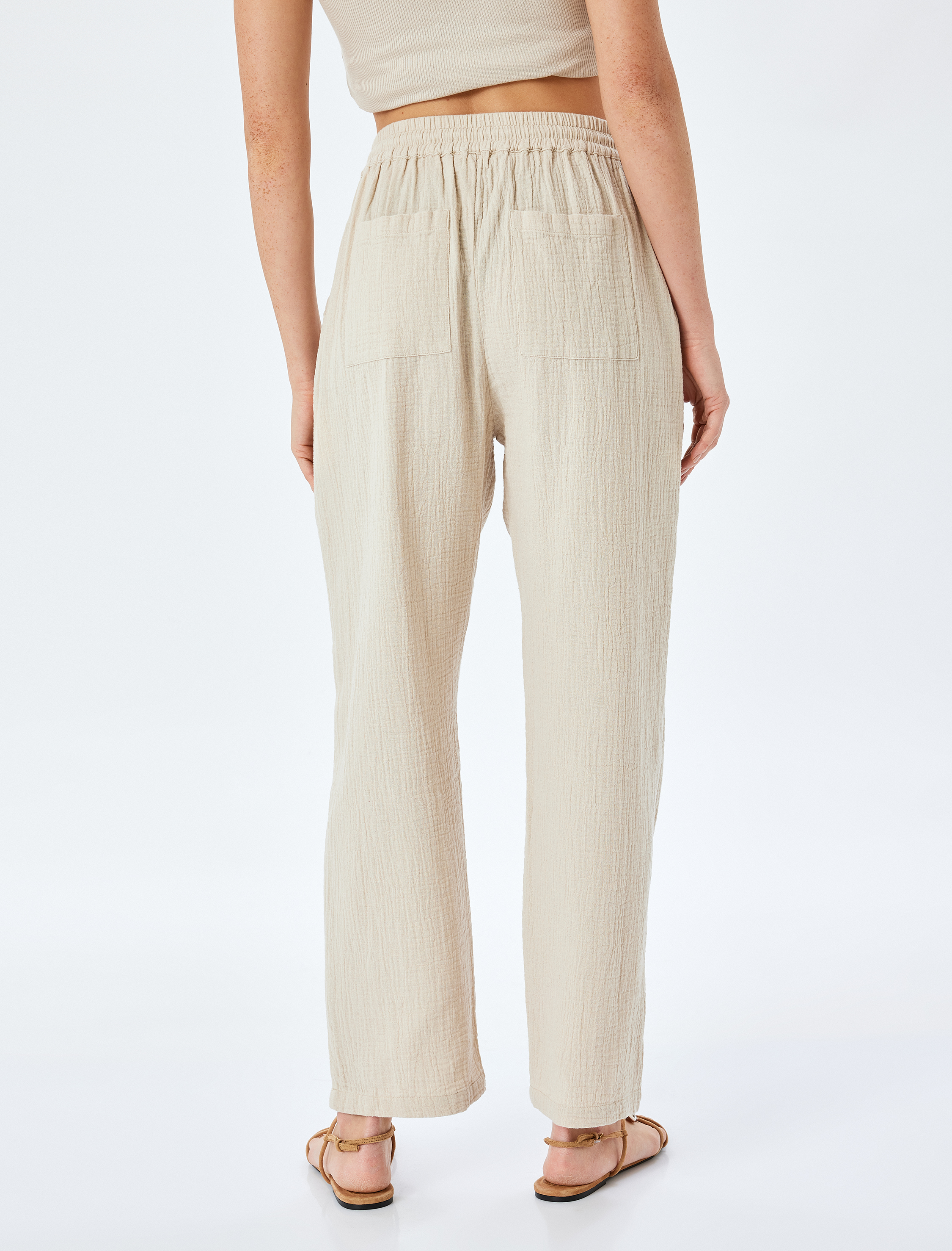   Pamuklu Rahat Kalıp Beli Bağcıklı Cepli Müslin Pantolon