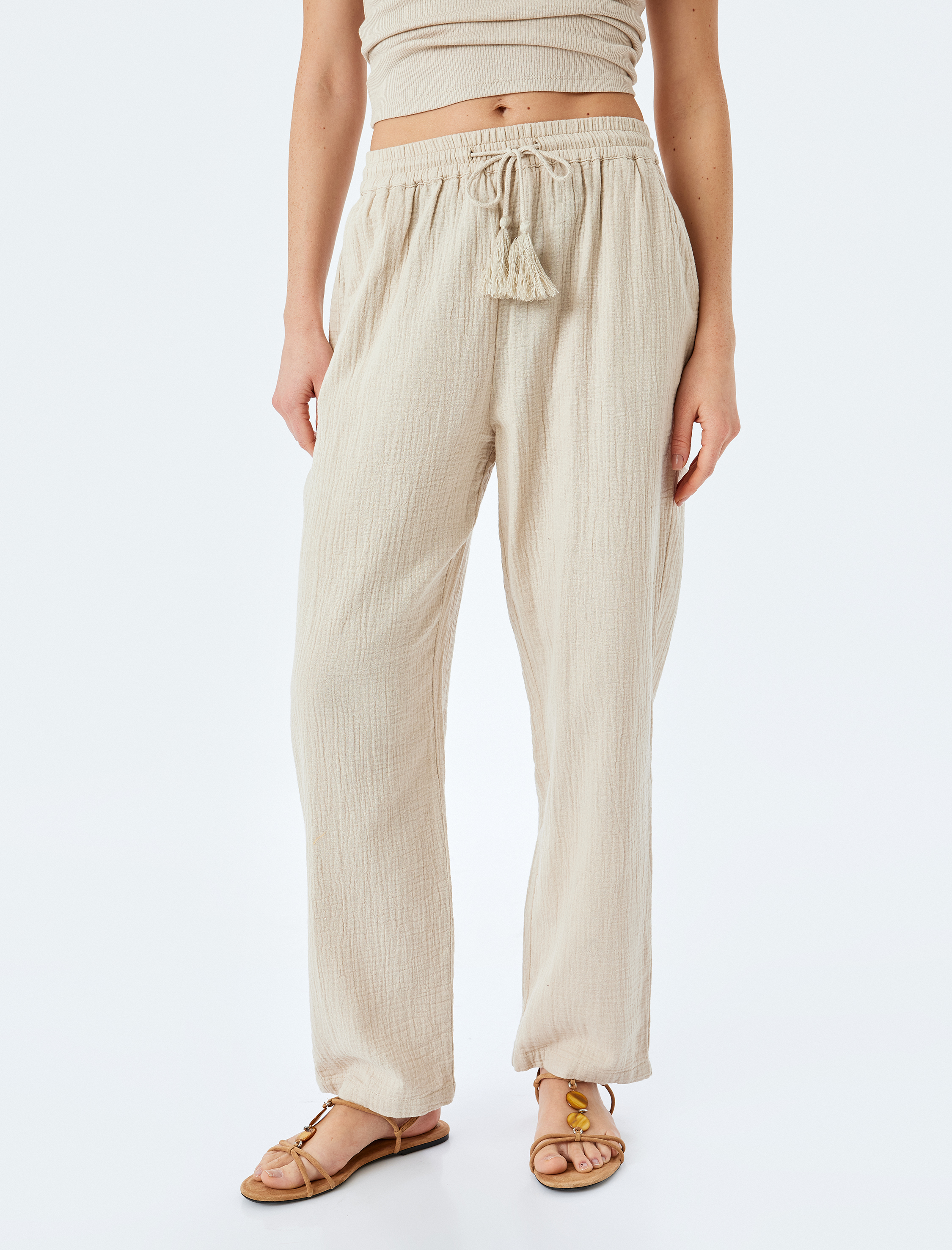   Pamuklu Rahat Kalıp Beli Bağcıklı Cepli Müslin Pantolon