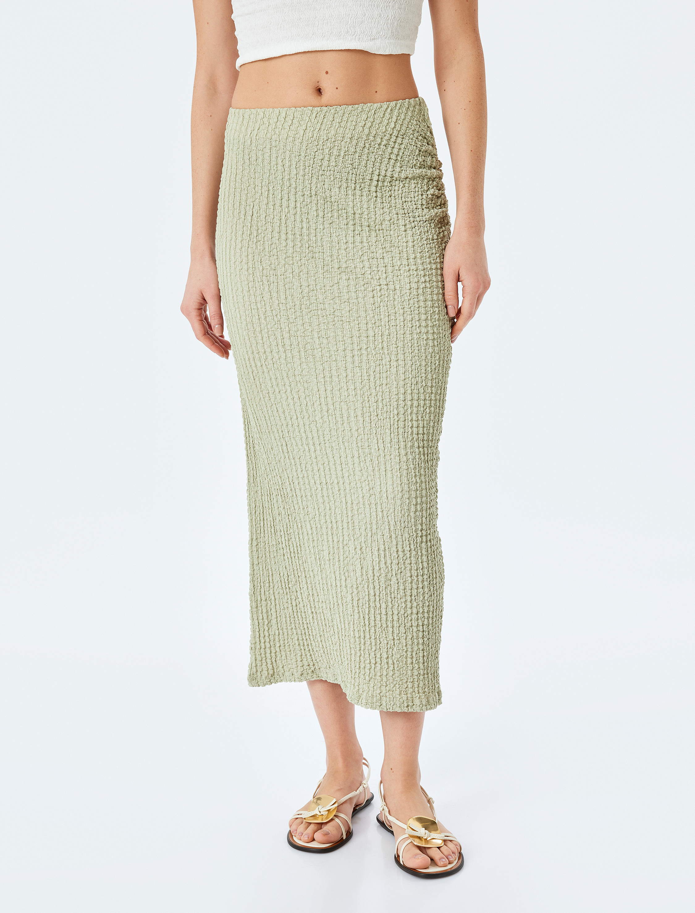 Slim Fit Dokulu Drape Detaylı Yüksek Bel Kalem Etek