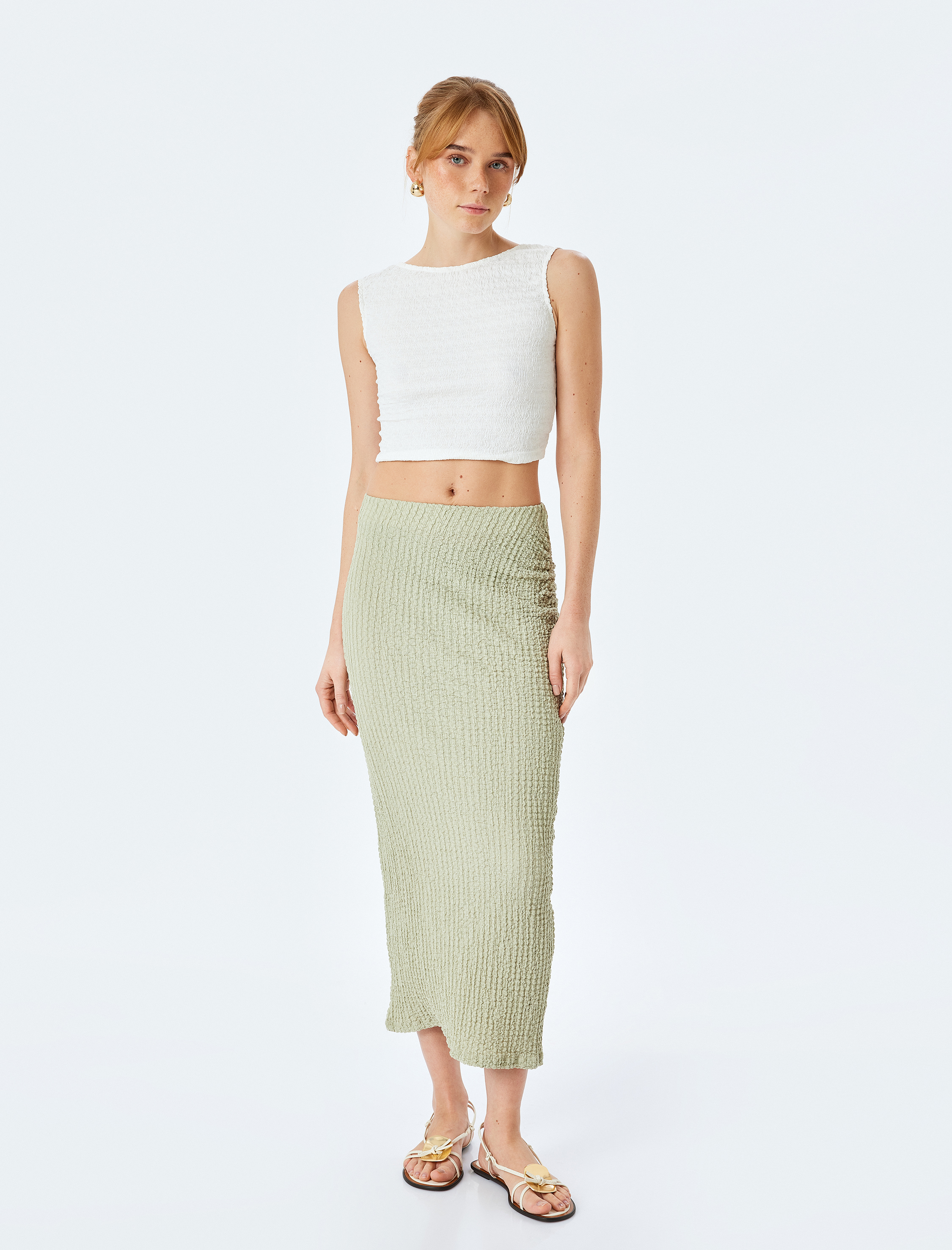 Slim Fit Dokulu Drape Detaylı Yüksek Bel Kalem Etek