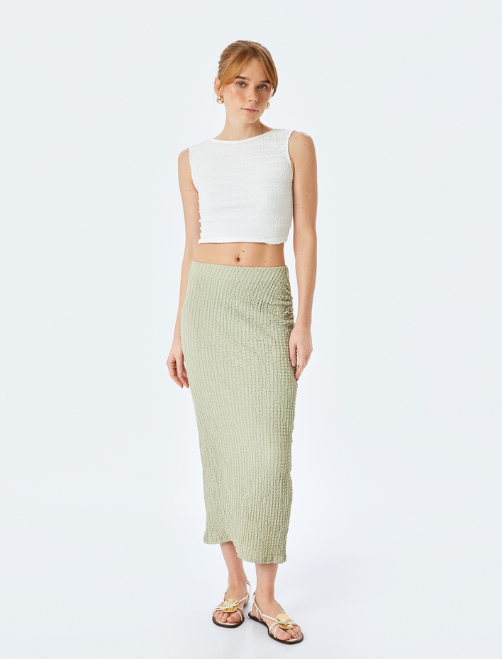  Slim Fit Dokulu Drape Detaylı Yüksek Bel Kalem Etek