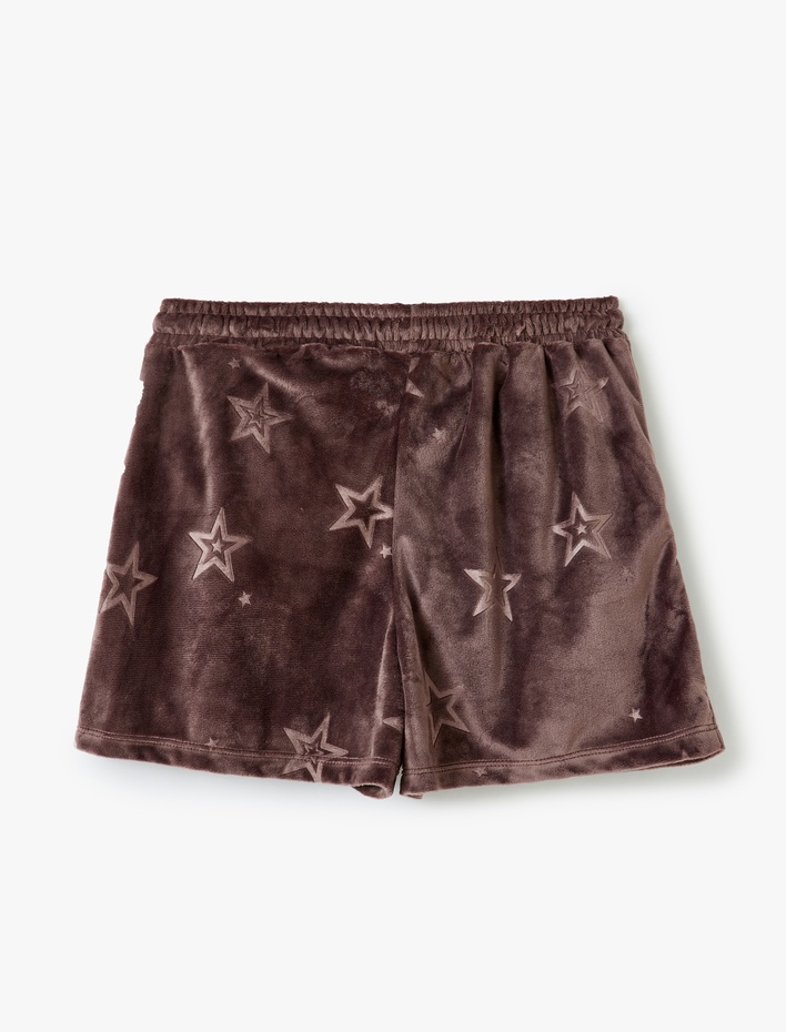  Cepli Beli Bağlamalı Yıldız Desenli Kadife Şort Pijama Altı