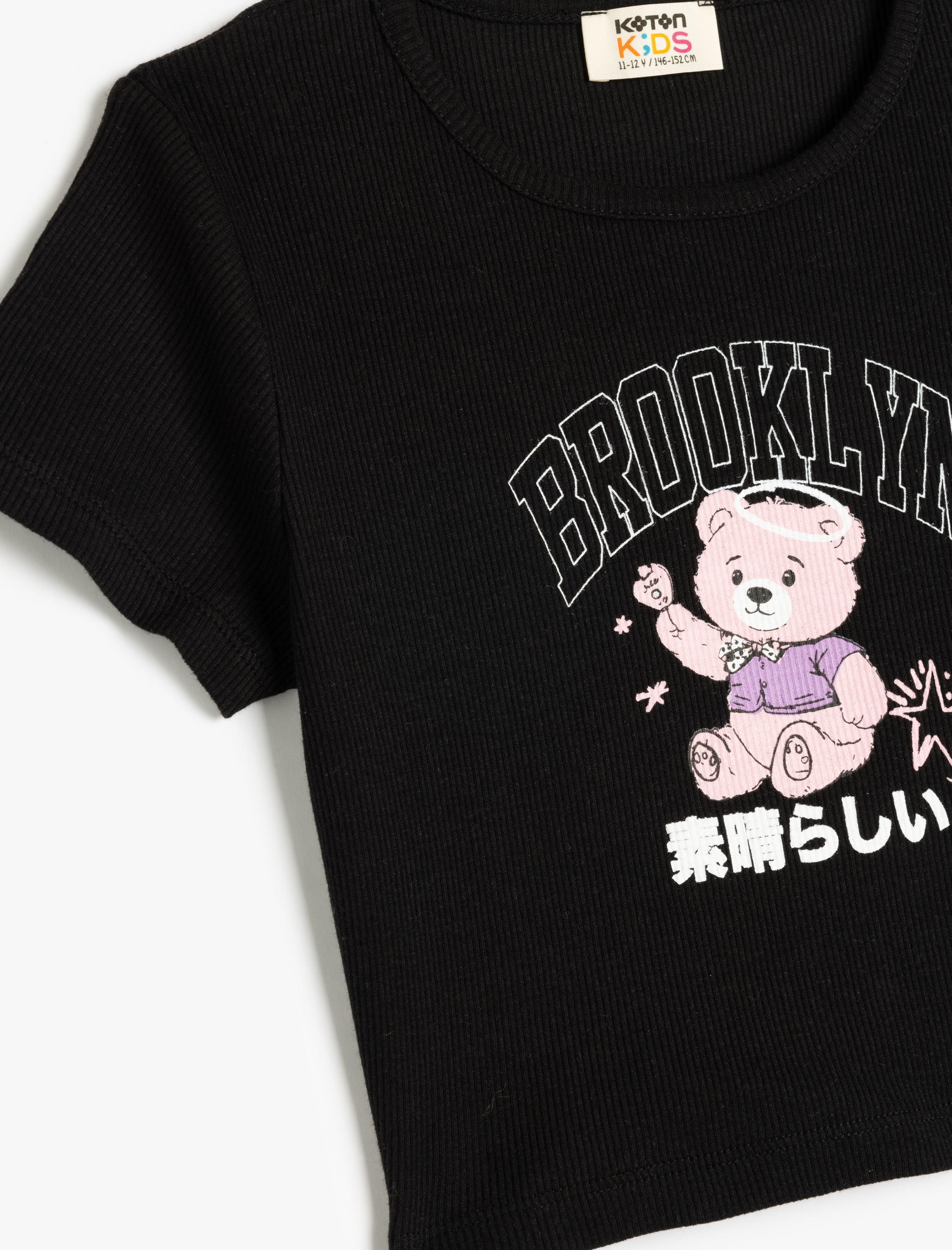  Kız Çocuk Ayıcık Baskılı Bisiklet Yaka Kısa Kollu Pamuklu Crop Tişört