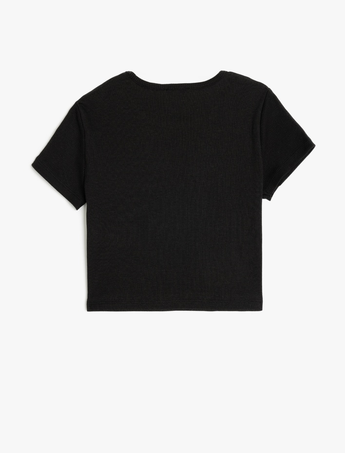 Kız Çocuk Ayıcık Baskılı Bisiklet Yaka Kısa Kollu Pamuklu Crop Tişört