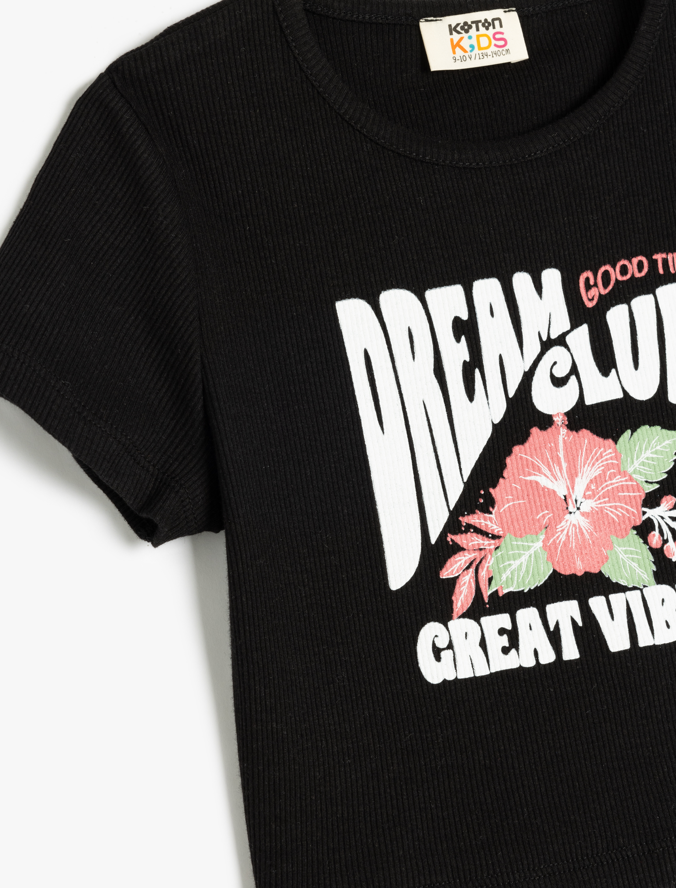  Kız Çocuk Bisiklet Yaka Kısa Kollu Pamuklu Slogan Baskılı Crop Tişört