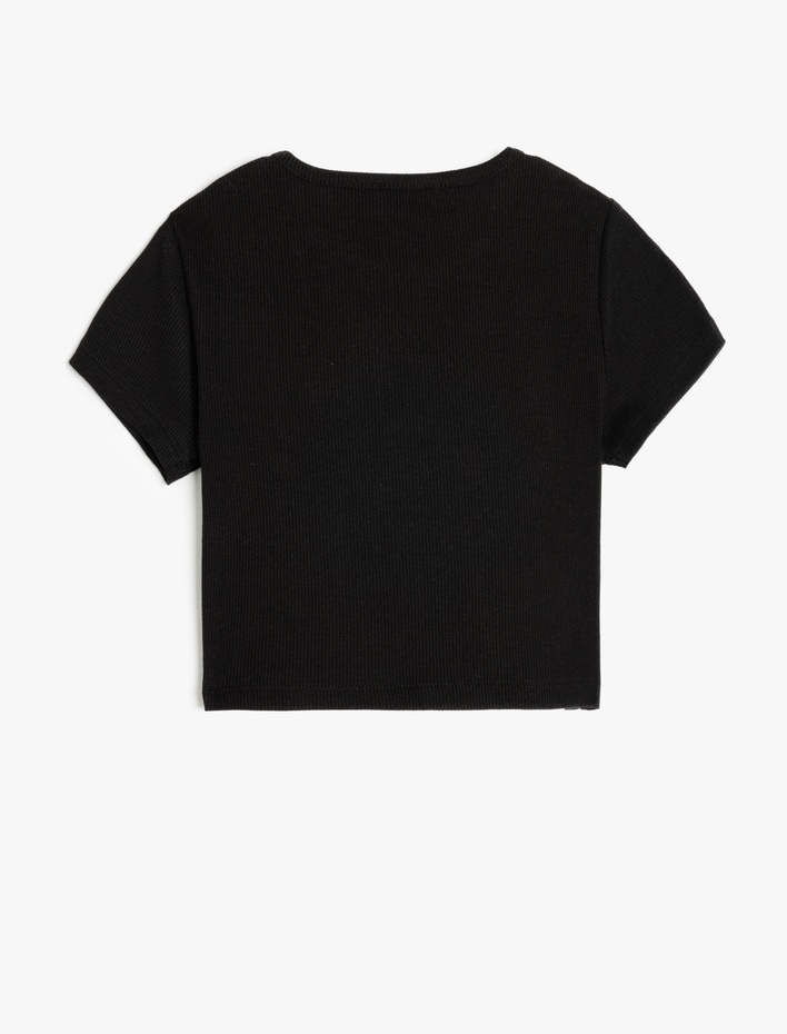 Kız Çocuk Bisiklet Yaka Kısa Kollu Pamuklu Slogan Baskılı Crop Tişört