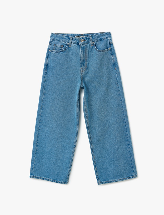 Yüksek Bel Düğmeli Cepli Geniş Paça Denim Pantolon -  Crop Wide Leg Jeans_2